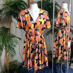 Oranges, Lemons, and Grapefruit Print Belted Dress